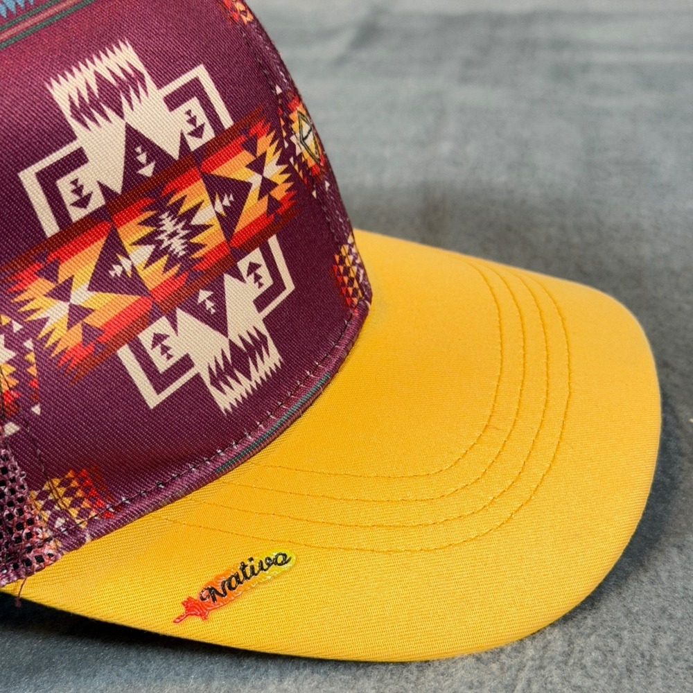Nativo Southwestern Geometric Mesh Trucker Hat Snapback Yellow Burgundy Cap - Picture 2 of 7